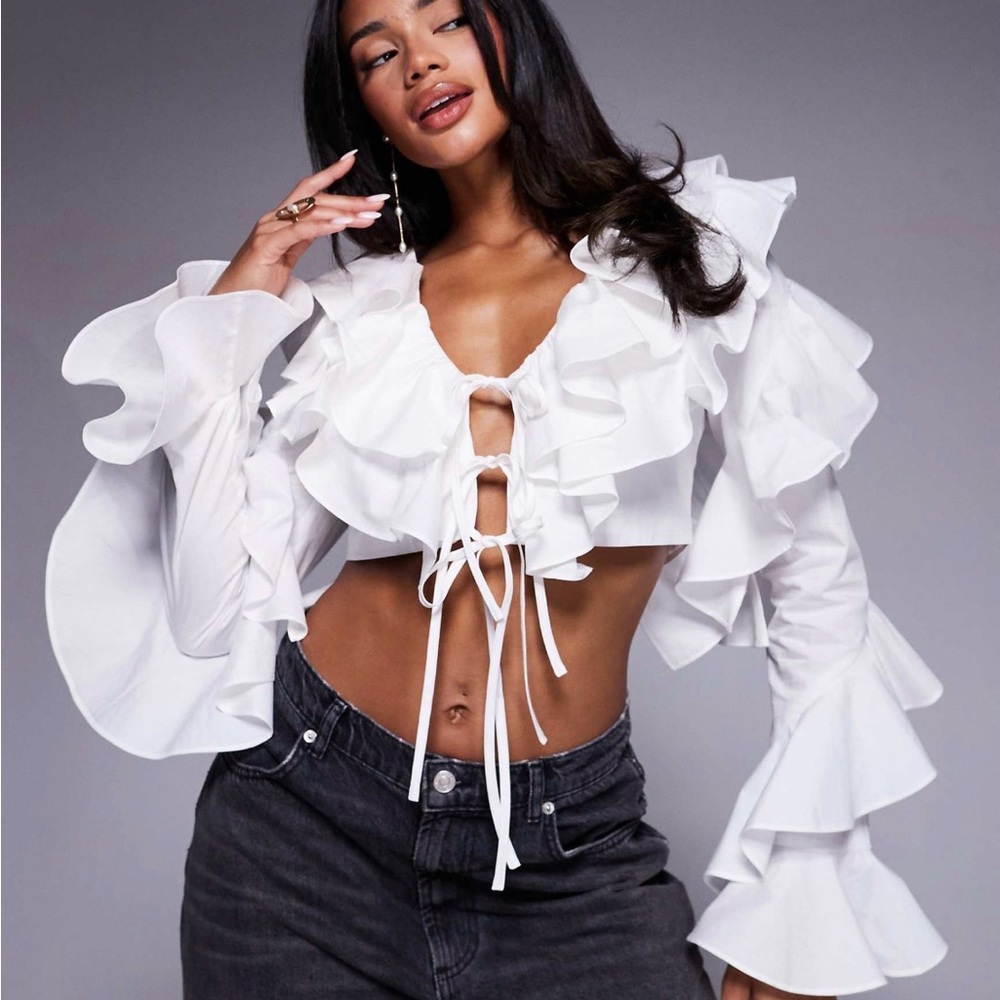 White Cotton Poplin Ruffled Tie-Front Crop Top